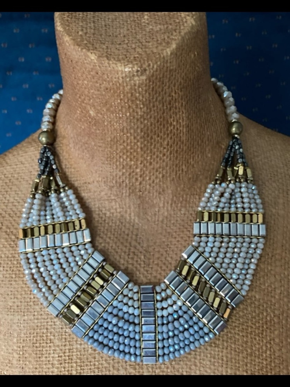 This vintage is a multi-strand beaded bib statement necklace designed by Gemrox